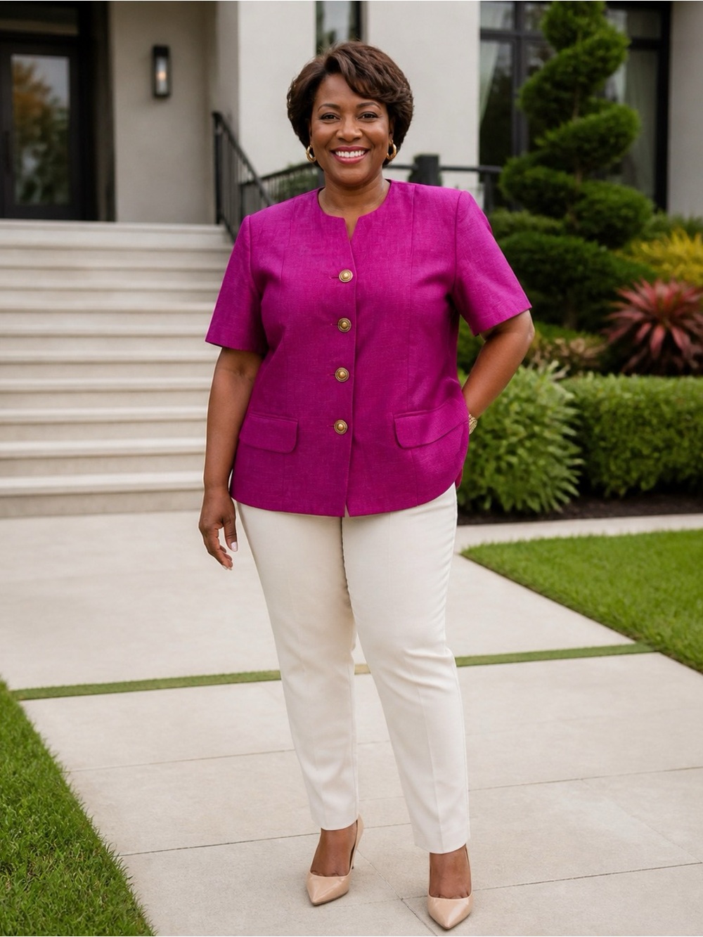 Sake Short-Sleeve Fuchsia 100%Linen Blazer Jacket, L